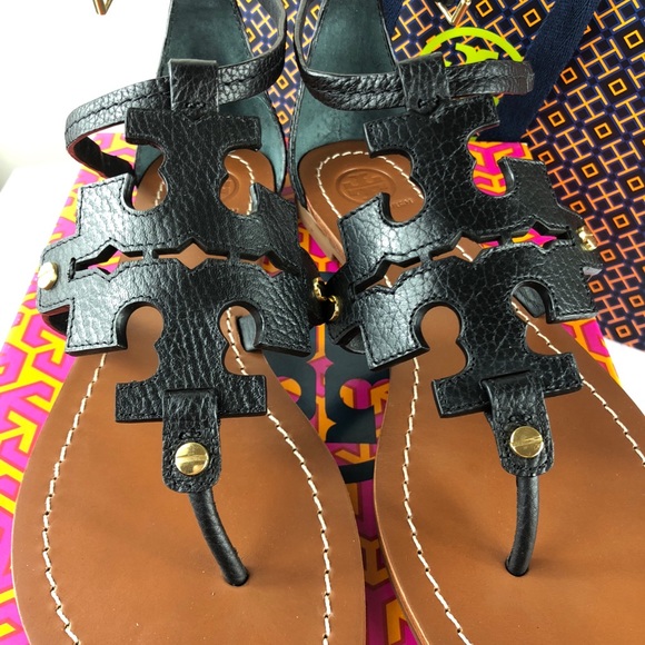 Tory Burch Phoebe Flat Thong Sandals Black Logo - Picture 2 of 8